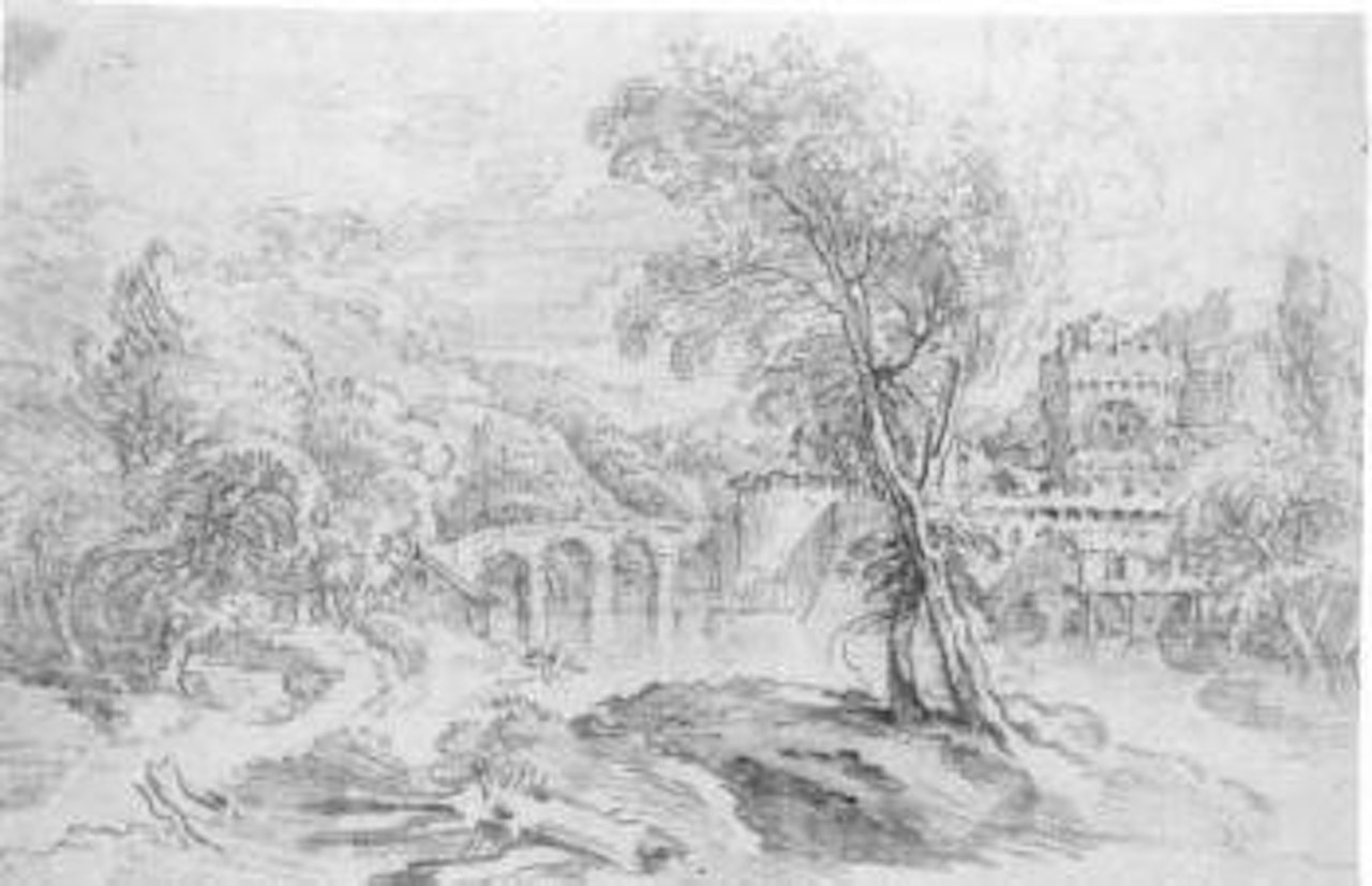 Extensive river landscape with a bridge and fortified town beyond by Francois Boucher