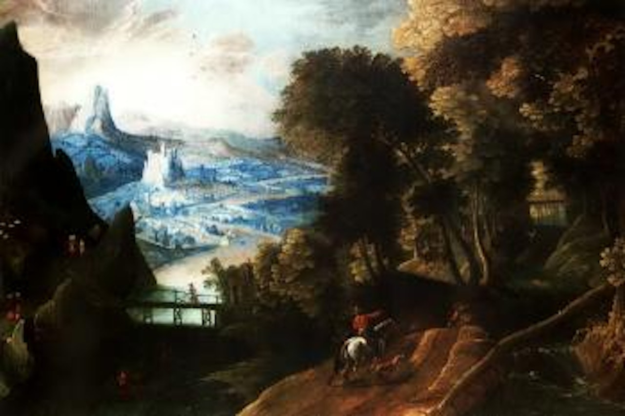 Extensive river landscape with travellers on a mountain road by Tobias Verhaecht