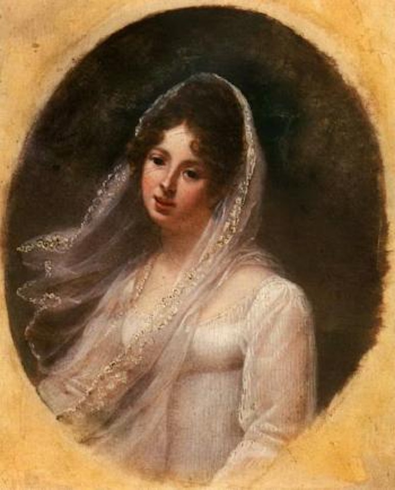 Portrait of a lady wearing a white dress and veil by French School