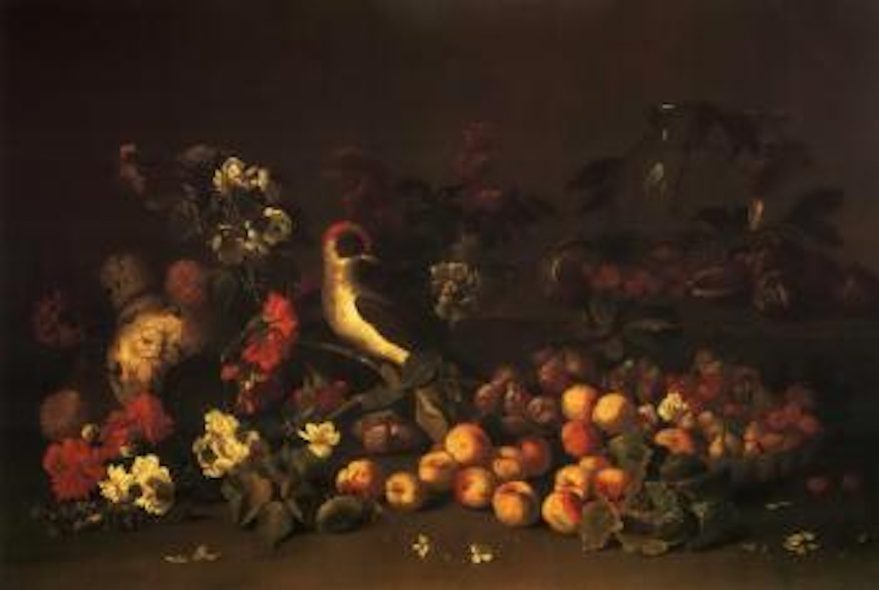 Still life of a green woodpecker standing on a sprig of flowers with fruit by Abraham Brueghel