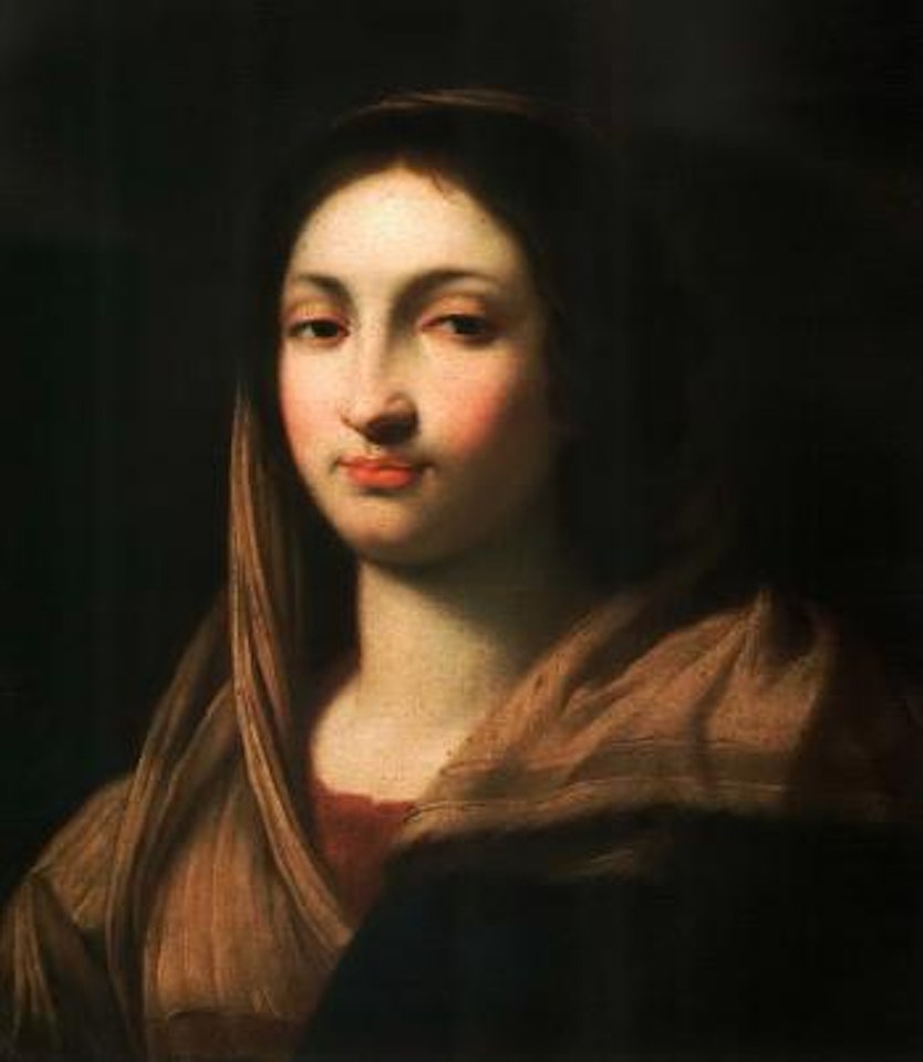 Portrait of Virginia da Vezzo, wife of Simon Vouet, wearing a red dress and cream shawl by Simon Vouet