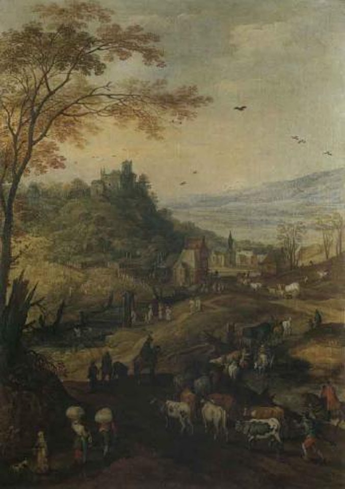 Rocky landscape with cattle travelling on a road by Jan Brueghel by Joos de Momper the Younger