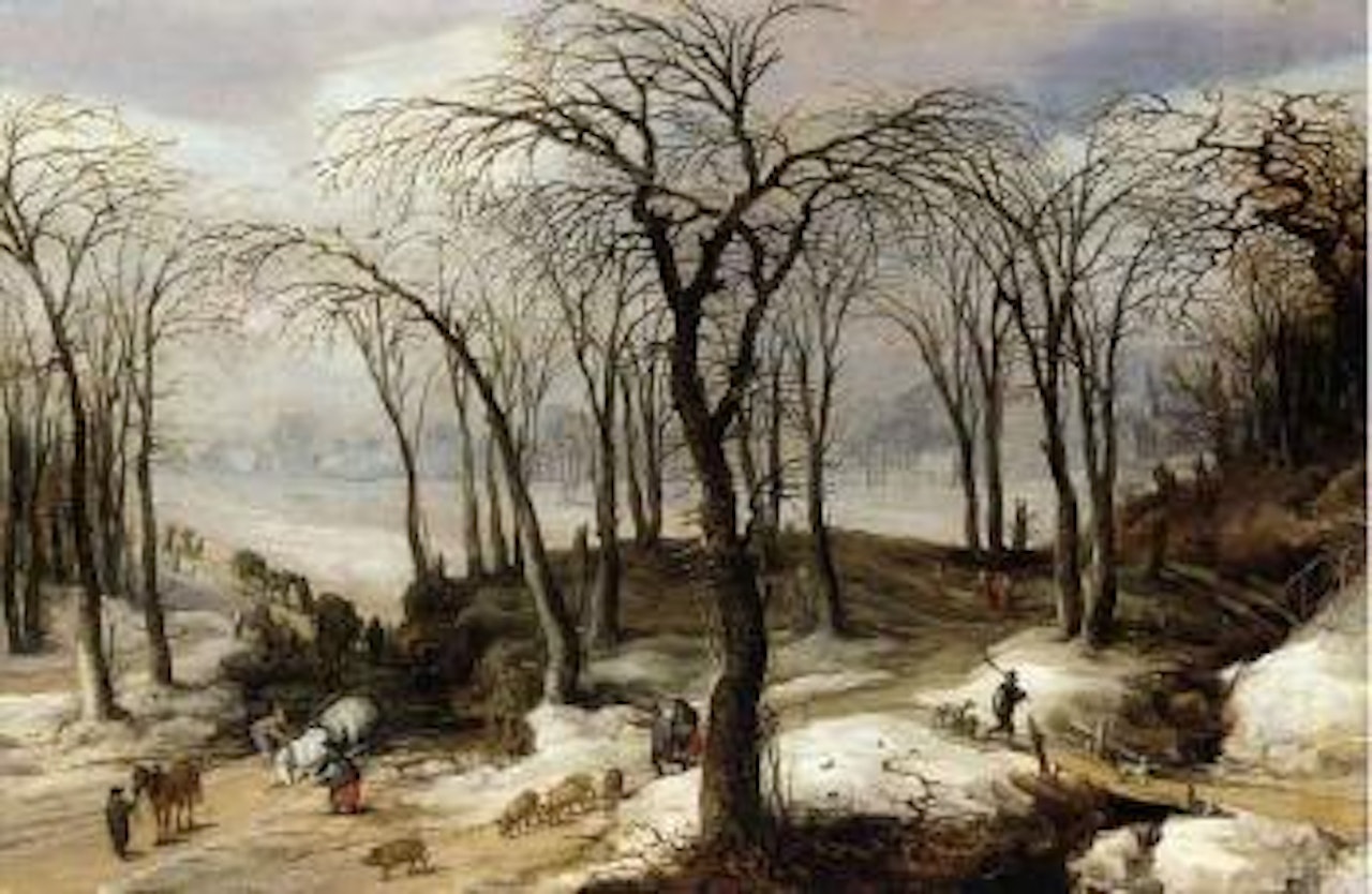 Winter landscape with overturned horse drawn cart and figures with by Jan Brueghel by Joos de Momper the Younger