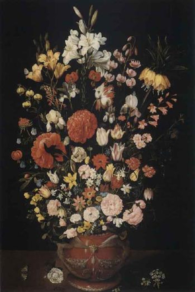 Still life of roses, tulips, lilies and other flowers in an ornamental vase with butterflies,insects by Isaak Soreau
