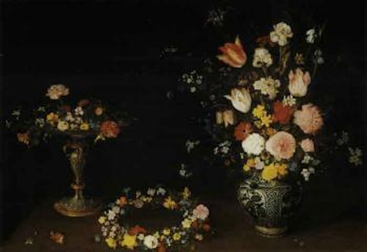 Still life of flowers in a tazza, garland of flowers on a table by Jan Brueghel the Younger