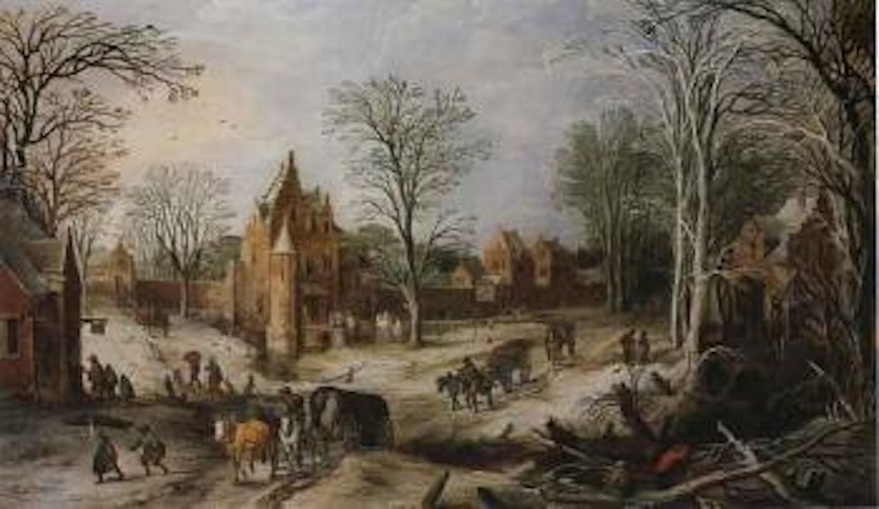 Winter landscape with a cart on a wooded road and village beyond by Jan Brueghel by Joos de Momper the Younger