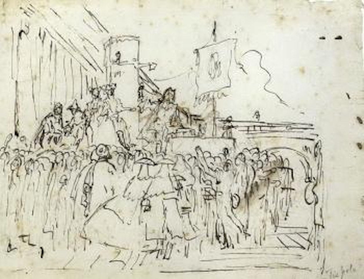 Crowd watching a charlatan. Flying angel by Giovanni Battista Tiepolo