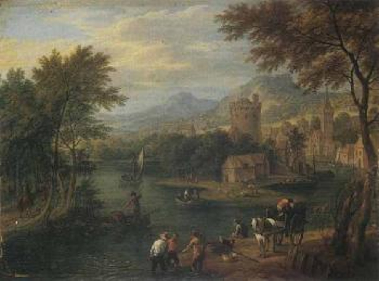 Extensive river valley landscape with travellers and fishermen by Adriaen Frans Boudewyns by Pieter Bout