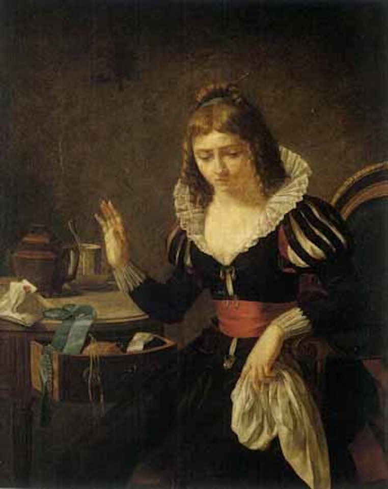 Young woman at her sewing table by French School