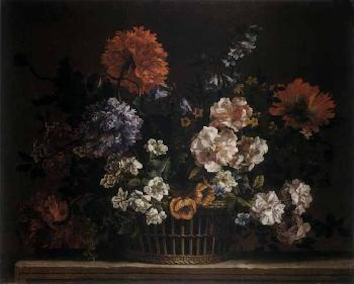 Still life of roses and other flowers arranged in a wicker basket upon a stone ledge by Jean Baptiste Monnoyer