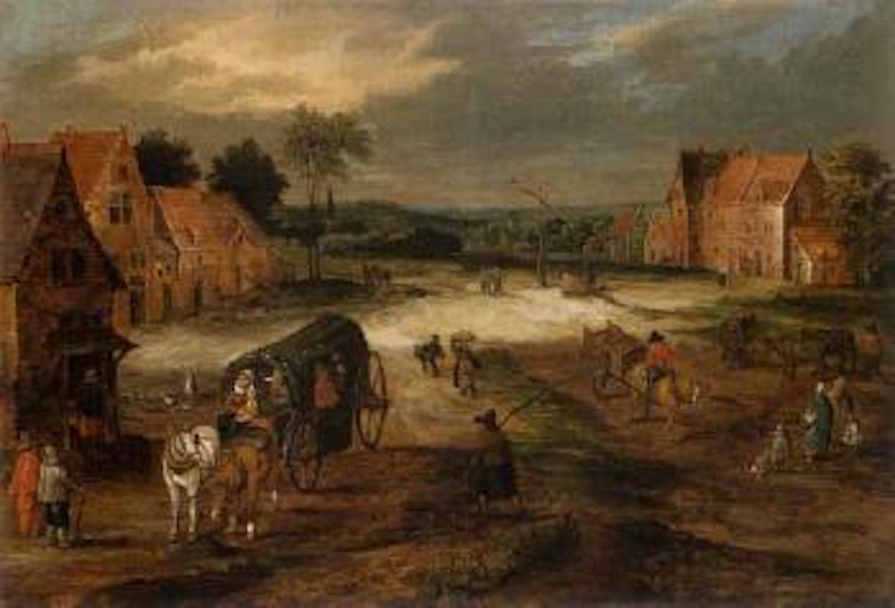 Landscape with a covered wagon and other figures in a village street by Jan Brueghel the Younger