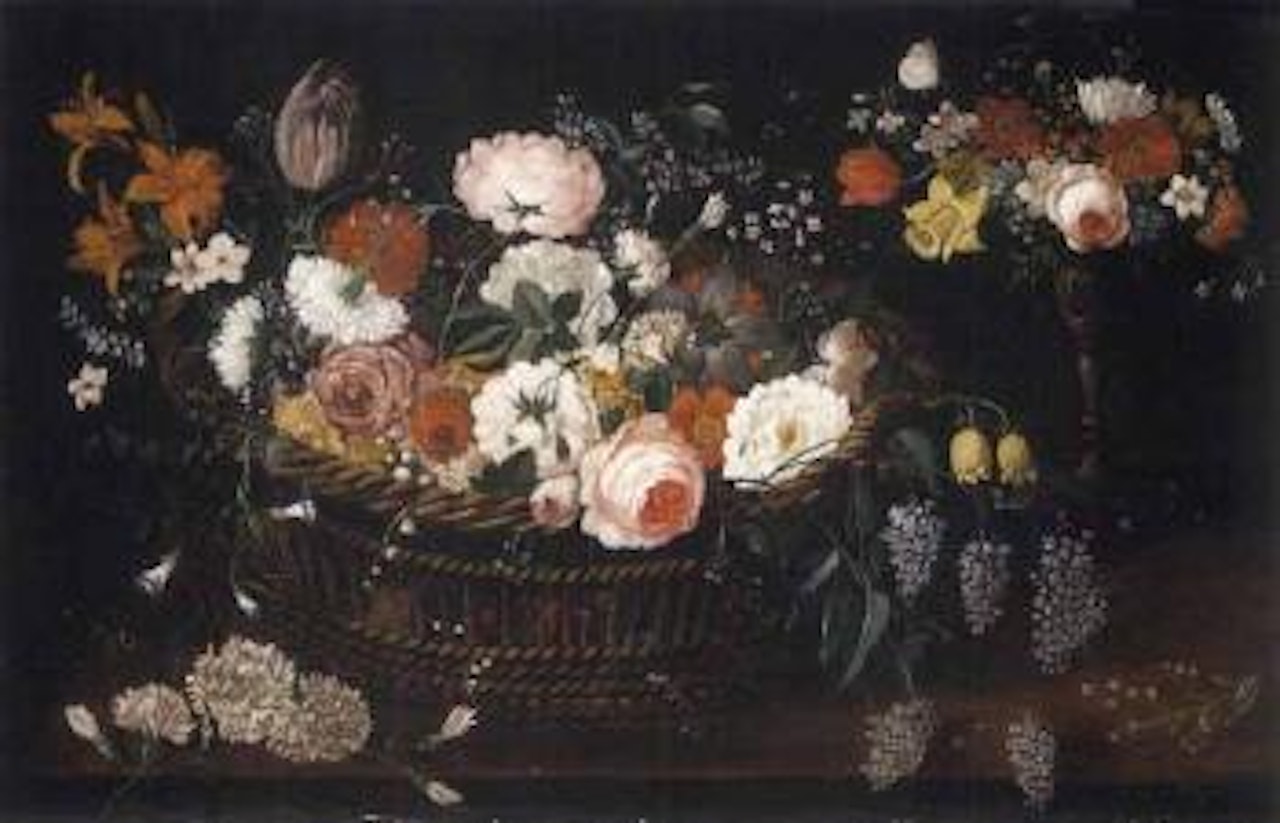 Still life of mixed flowers in a basket with a bouquet of flowers in a gilt tazza upon a table top by Jan Brueghel the Younger