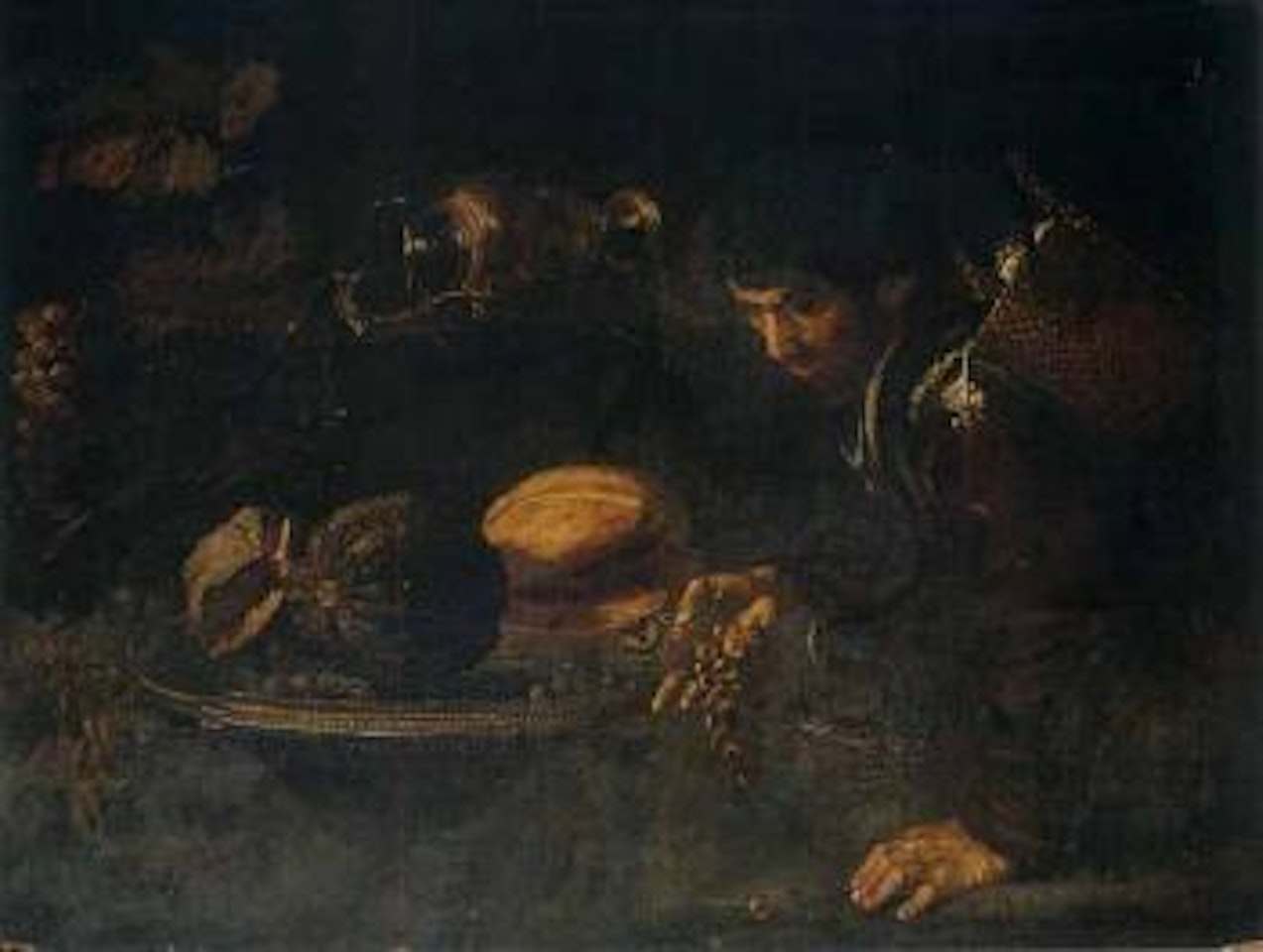 Still life with a peasant carrying a basket of garlic, with a snake by Roman School