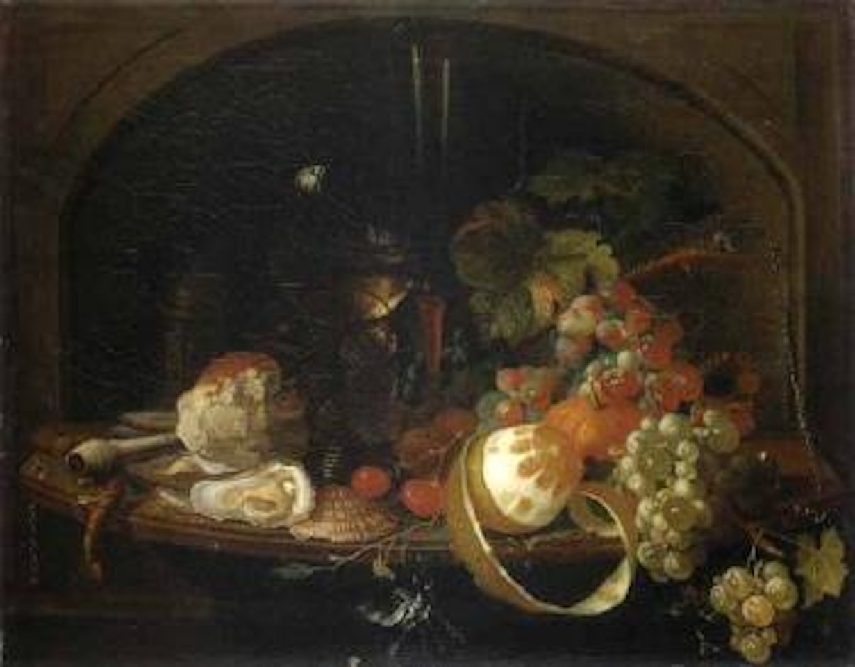 Still life of a peeled lemon, grapes, an orange, oysters a clay pipe upon a table by Abraham Mignon