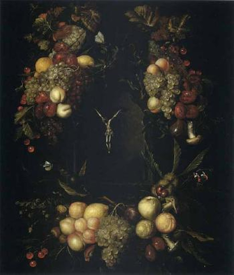 Still life of garlands of fruit encircling a stone niche, within which stands a crucifix by Jan Pauwel Gillemans