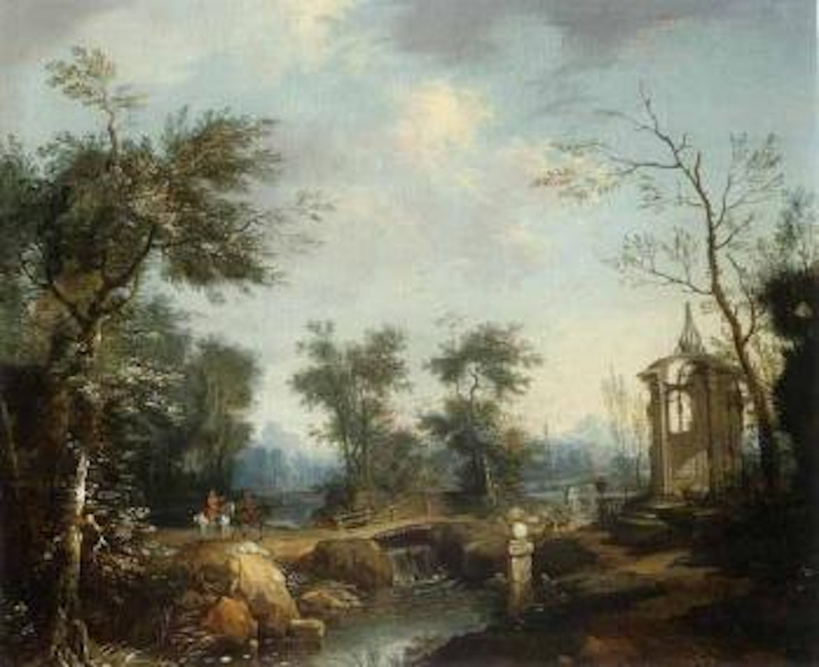 River landscape with riders crossing a bridge near a pavilion by German School