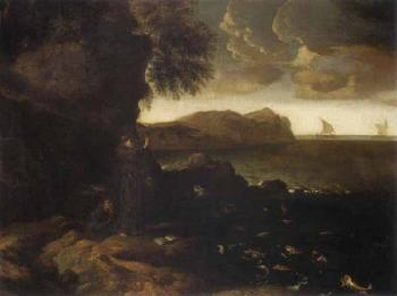 Landscape with Saint Francis preaching to the fishes by Roman School