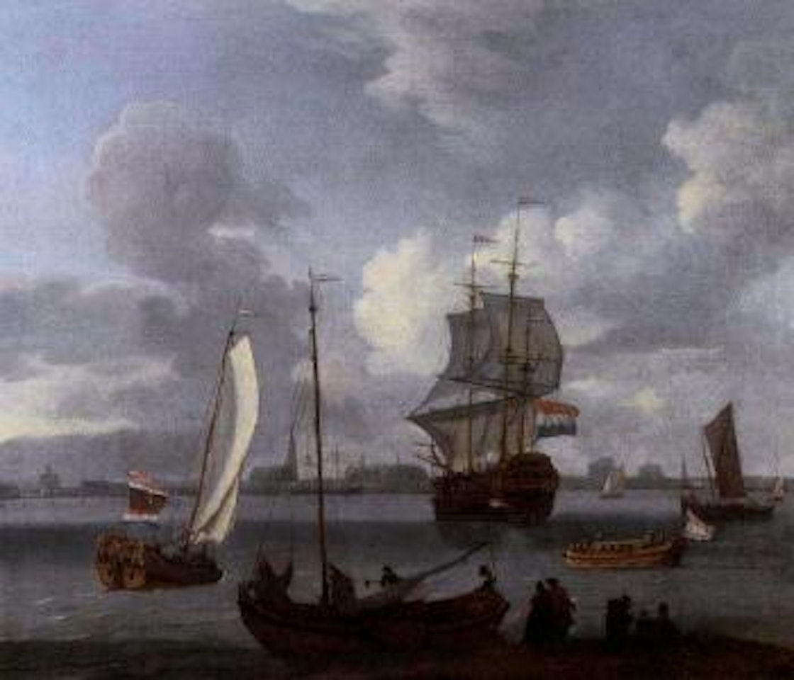 Dutch man-o-war and other vessels on the River Ij by Abraham Storck