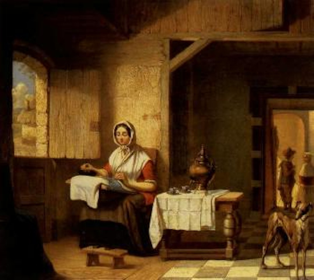 Maid seated by a half opened door, engaged in needlework, a dog in the foreground by Dutch School