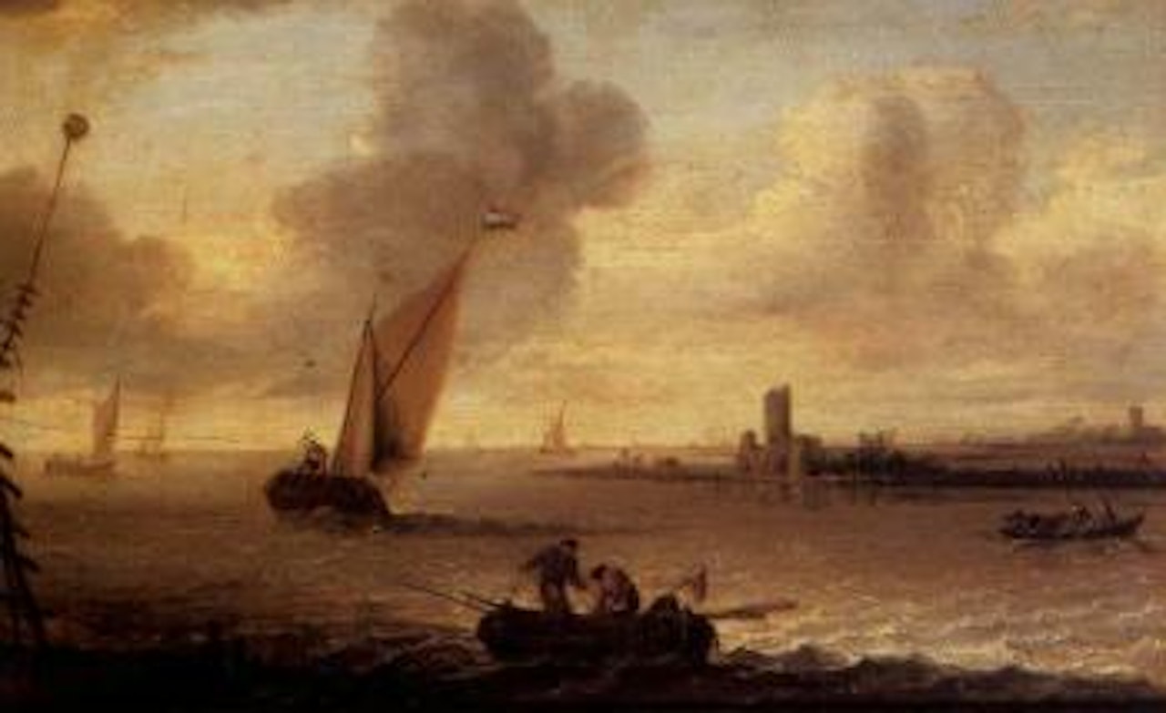 Shipping vessels with fishermen in choppy waters by Dutch School