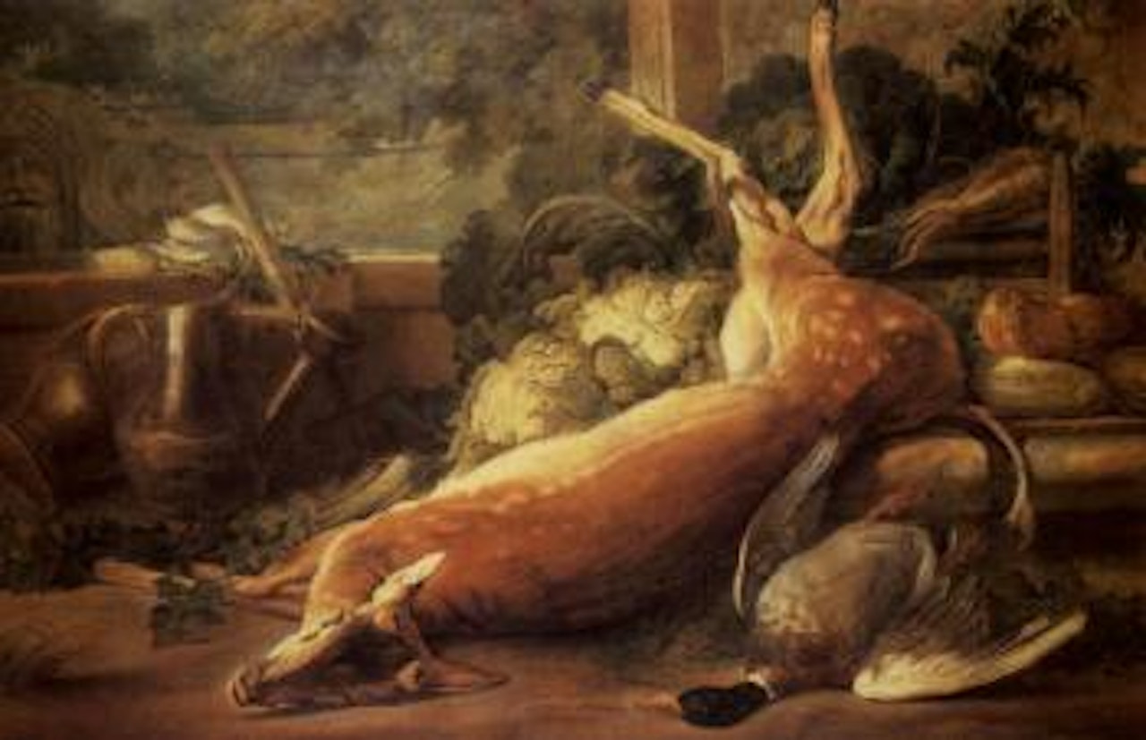 Wild game including a deer and duck with vegetables by Dutch School
