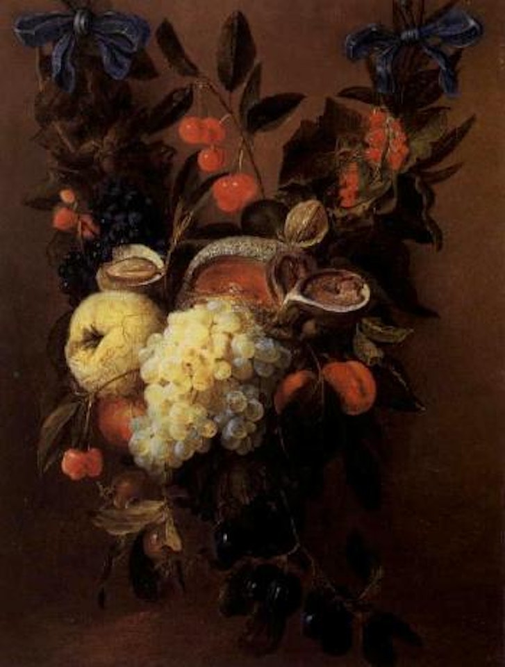 Garland of apricots, figs, cherries and other fruits with blue ribbons by Cornelis de Heem