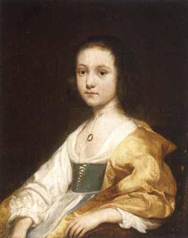 Portrait of young girl wearing a white dress with a yellow shawl by Dutch School
