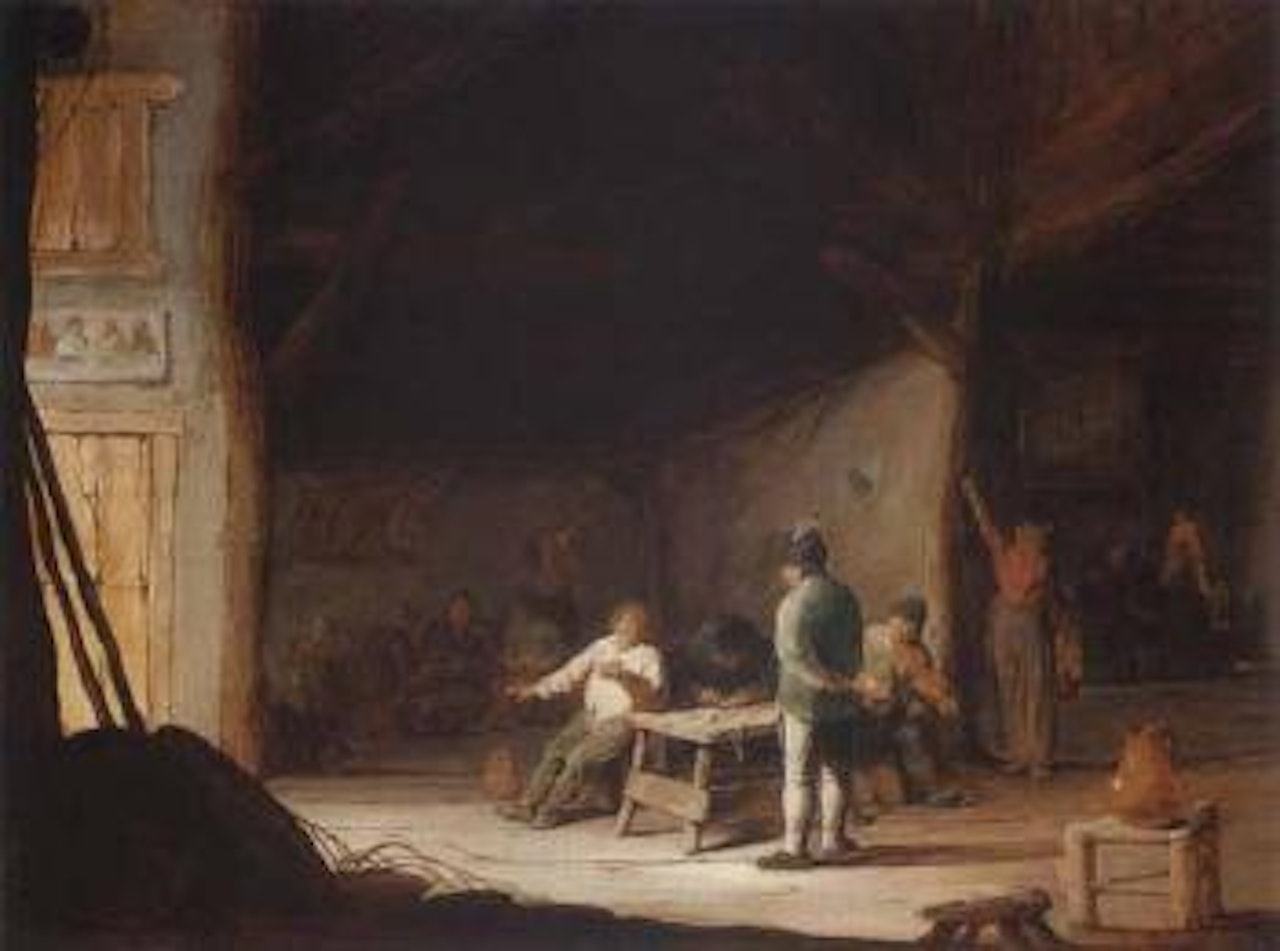 Tavern interior with peasants playing music by Adriaen van Ostade