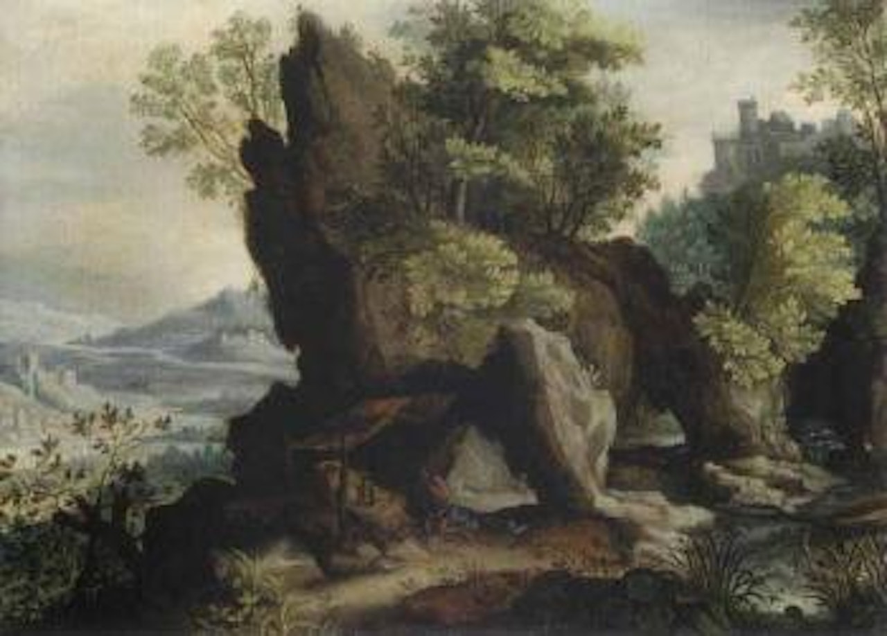 Wooded landscape with the flight into Egypt. Rocky landscape with Saint Jerome by Paul Bril