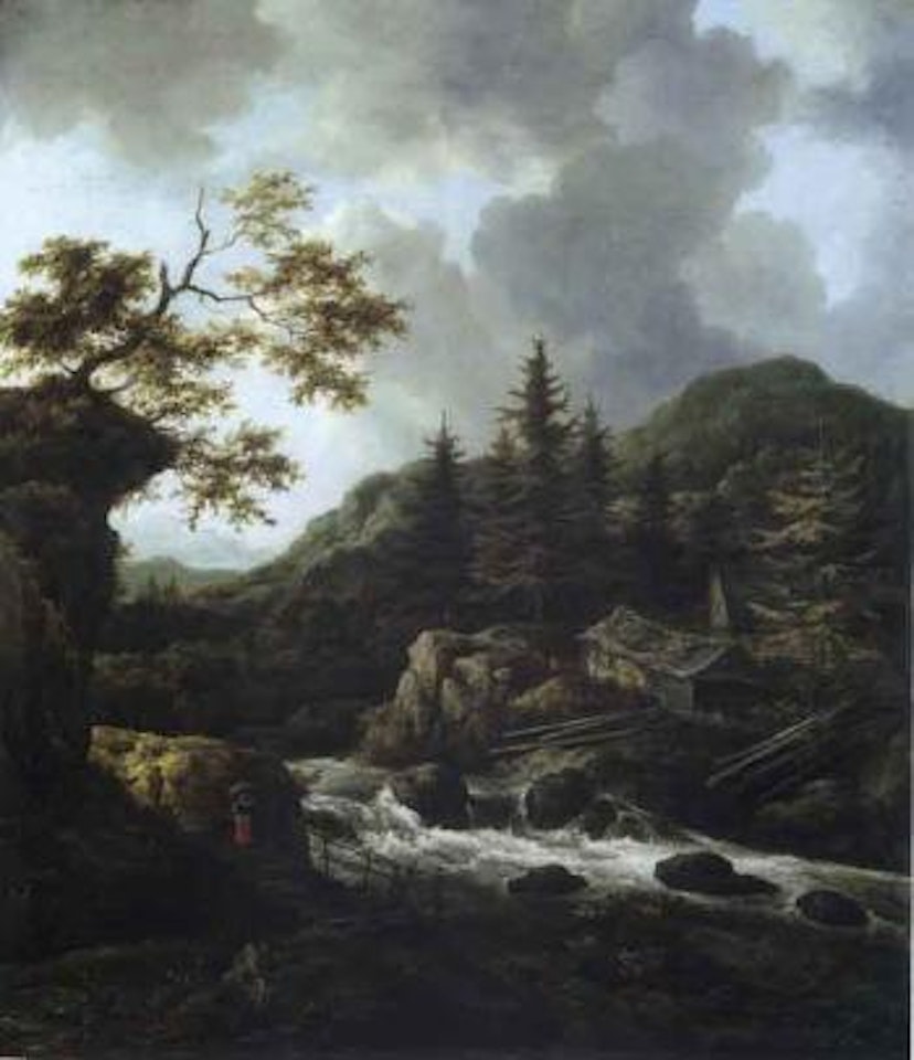 Torrent in a Scandinavian wooded landscape with peasant crossing a wooden bridge by Jacob Salomonsz. van Ruysdael