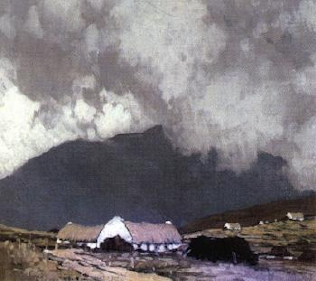 Cottage and turf stacks, in a mountain landscape by Paul Henry
