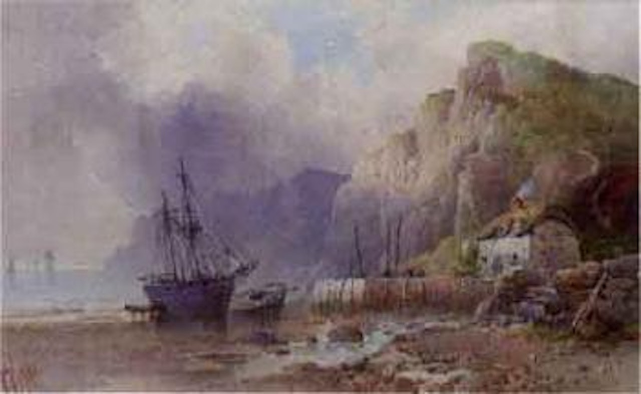 Coastal scene at low tide with boats by William Callow