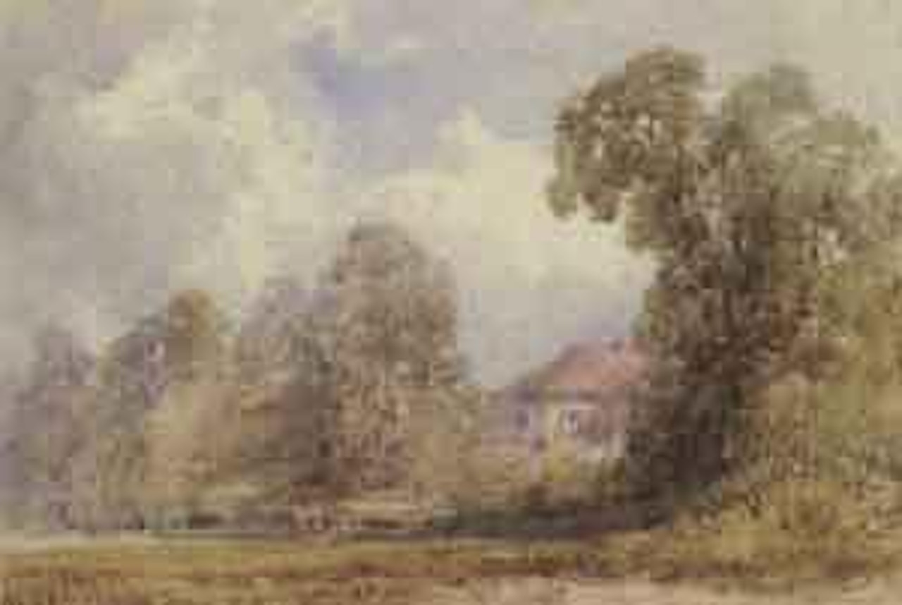 Landscape view with a cart near a house by William Callow