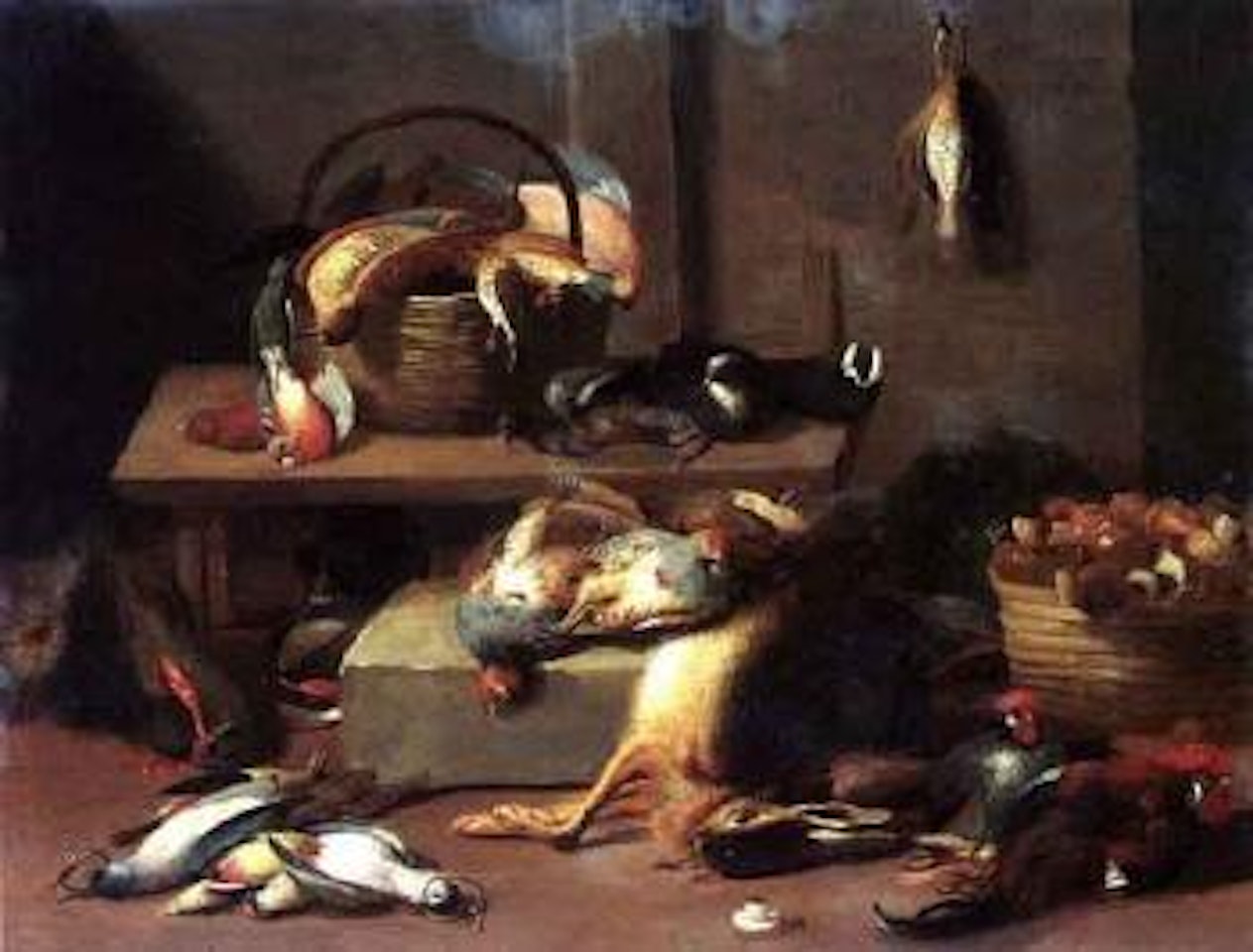 Interieur de cuisine avec volaille, lievre, sanglier et champignons by Jan Van Kessel The Elder