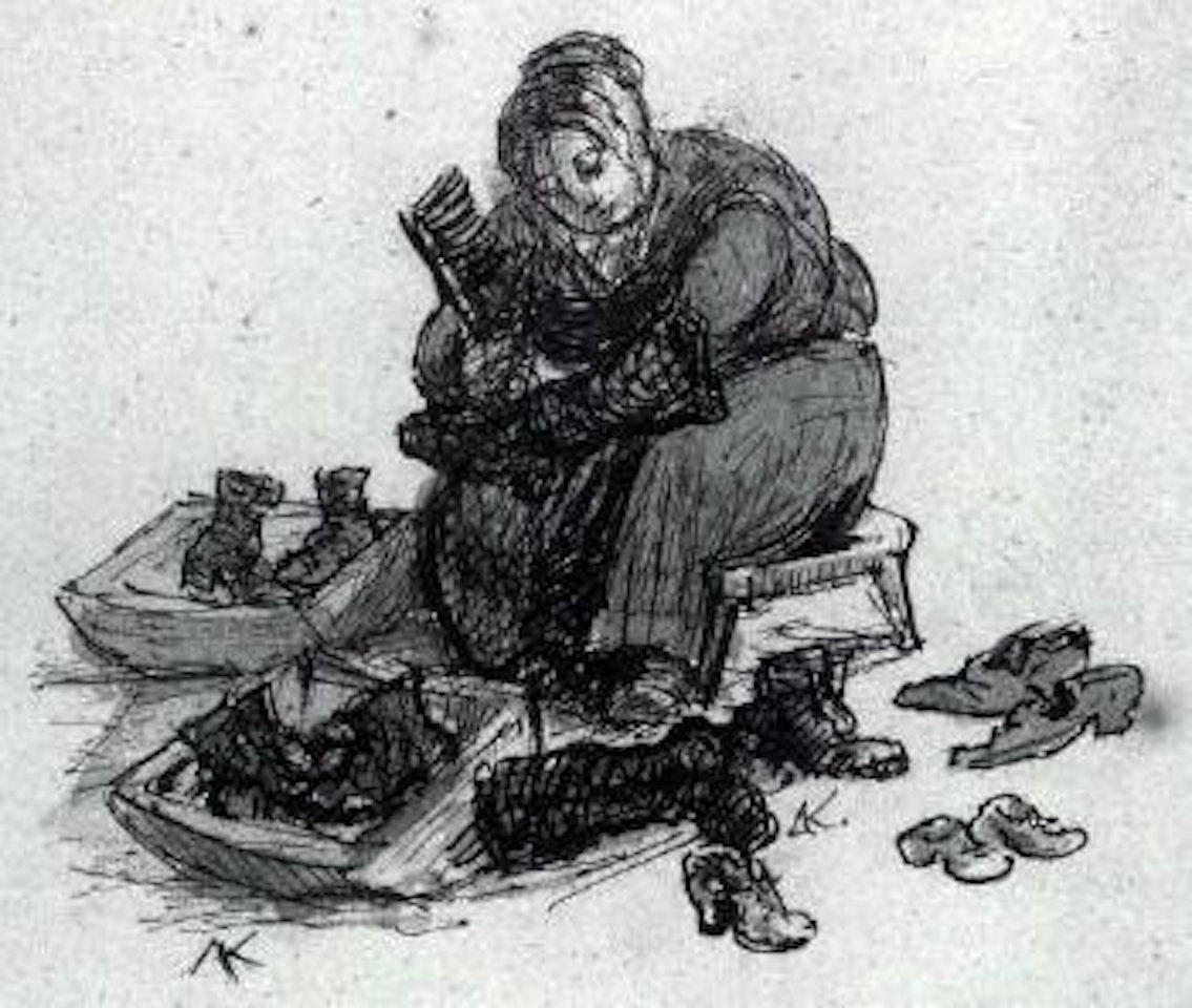 Woman cleaning shoes by Alfred Kubin