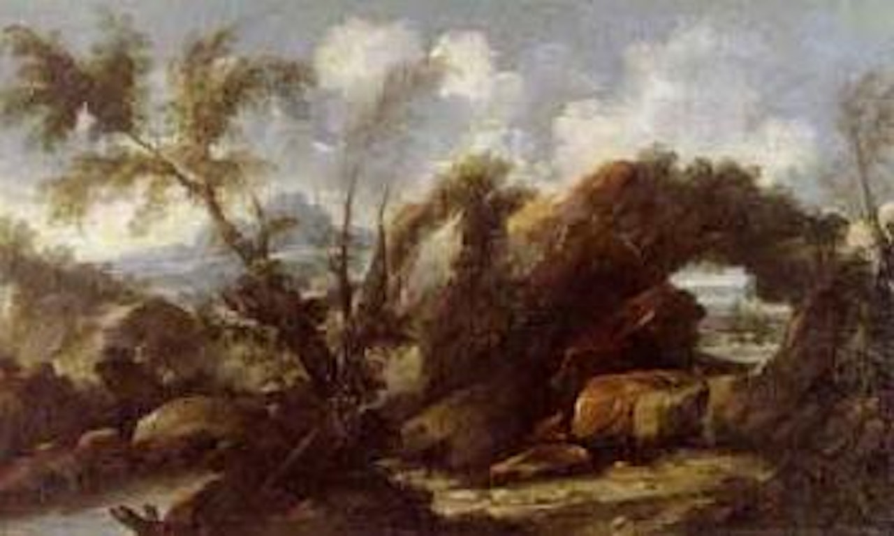 Landscape with river and rocks by Alessandro Magnasco
