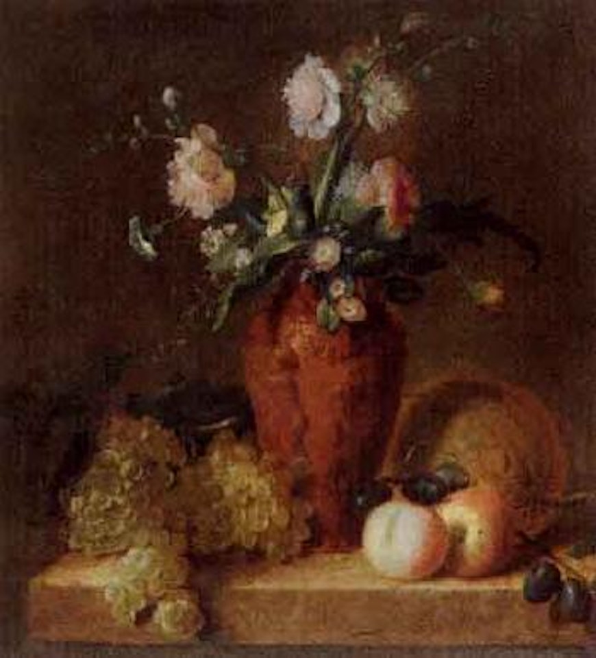 Still life of flowers with putti decorated vase by Dutch School