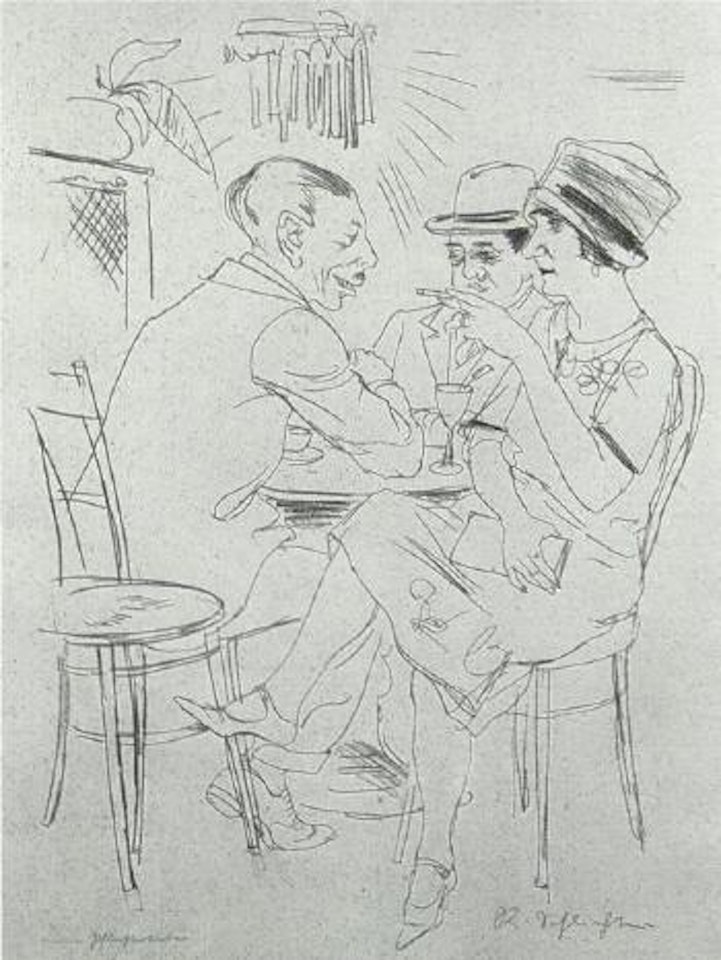 Interior scene with woman and men by Rudolf Schlichter
