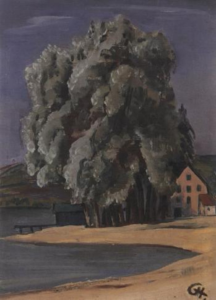 Wooded landscape by lake by Karl Hofer