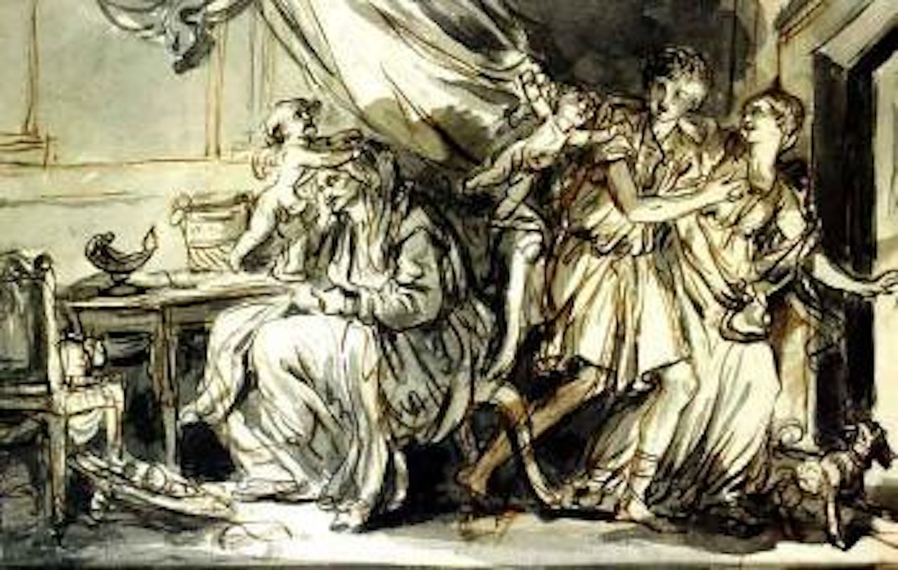 Les amoureux profitent du sommeil de la grande-mere by Jean-Baptiste Greuze