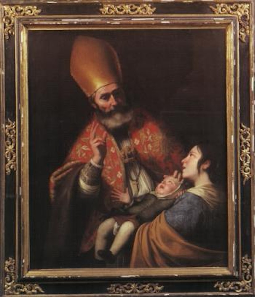 Woman with child receives blessing from bishop by Spanish School