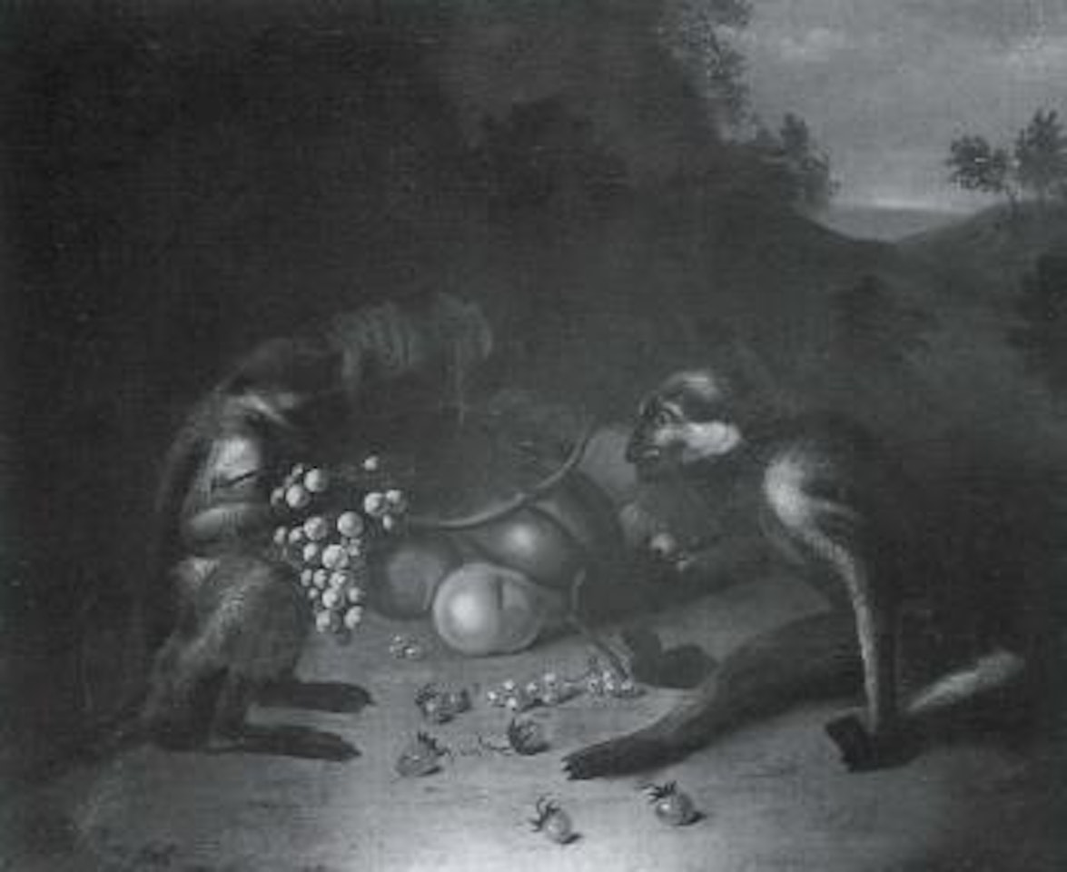 Monkeys with fruit in a landscape by Italian School