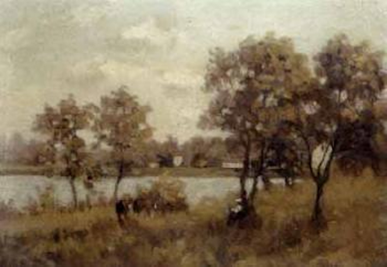 Tranquil river landscape by Paul Désiré Trouillebert