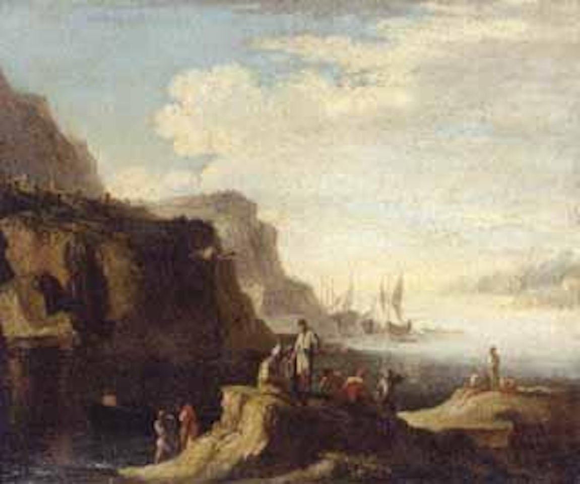 Mediterranean coastal inlet with fishermen unloading the catch by Claude Joseph Vernet