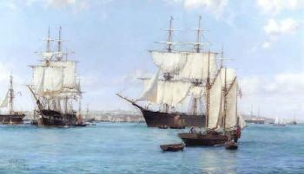 View of Boston Harbour, with the American clipper Chariot Of Fame at anchor by Montague Dawson
