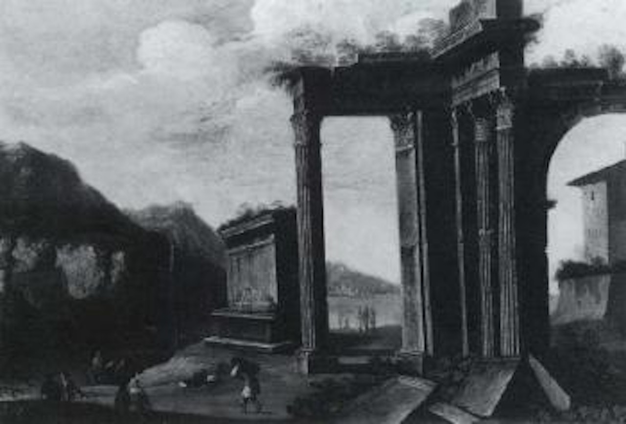 Classical ruins with figures by Italian School