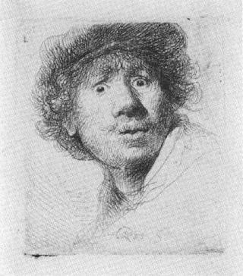 Self portrait in a cap open mouth by Attributed to Rembrandt Harmensz van Rijn