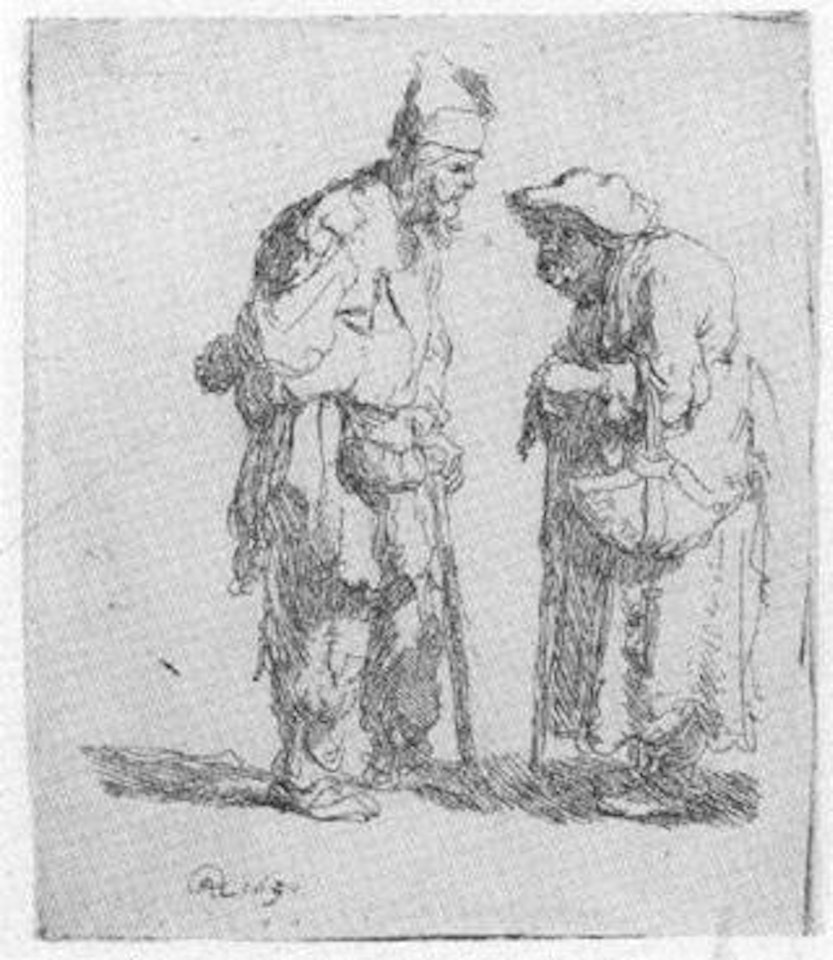 Beggar man and beggar woman conversing by Attributed to Rembrandt Harmensz van Rijn