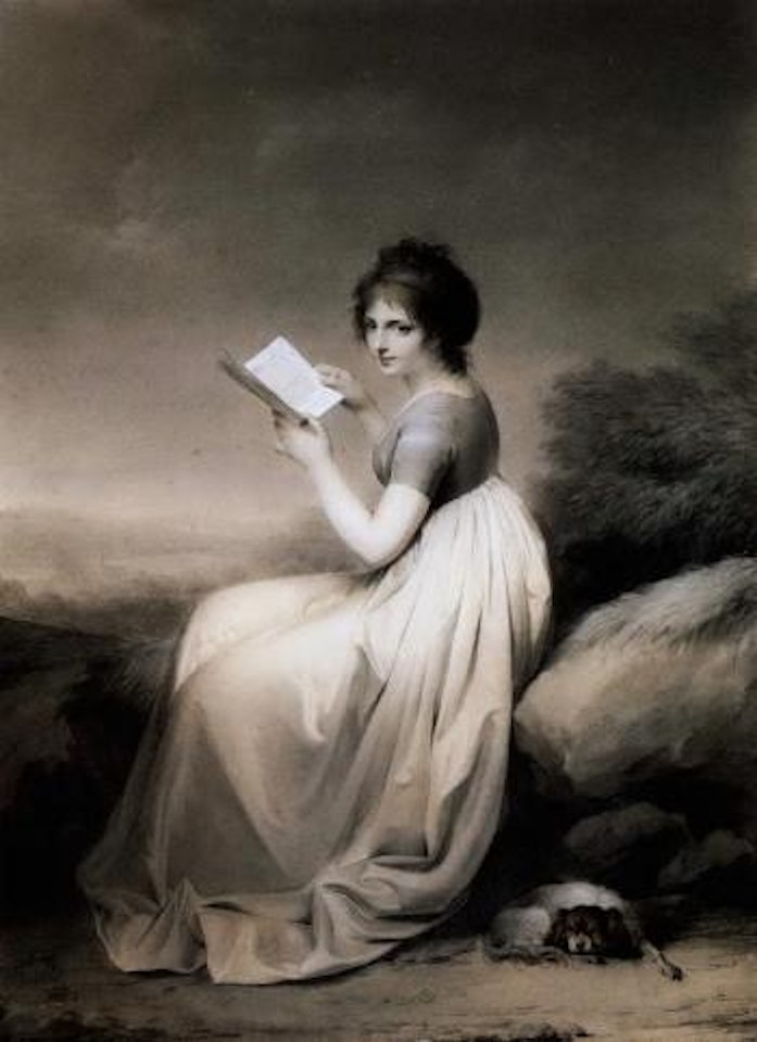 Elegant woman seated in a landscape, with a book and a dog by Louis-Leopold Boilly