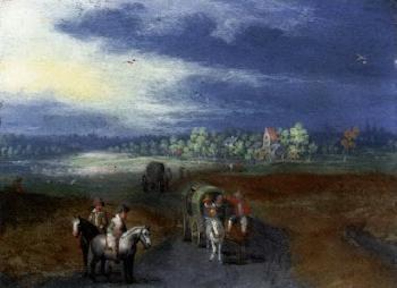 Panoramic landscape with travellers on a road, a town beyond by Jan Brueghel the Younger